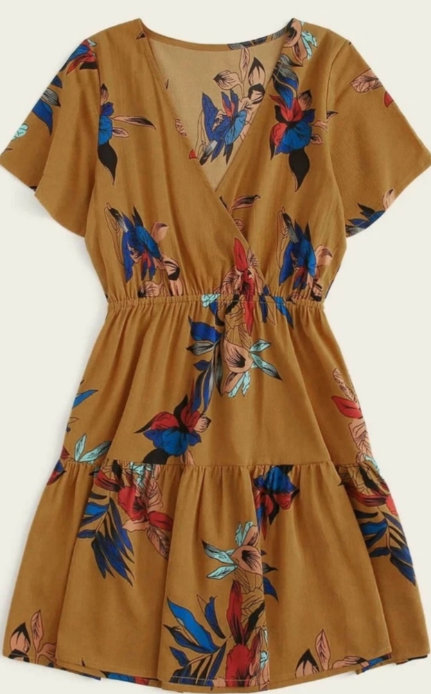 Floral Print Ruffle Dress | Size Medium 6 | Mustard Yellow NWOT